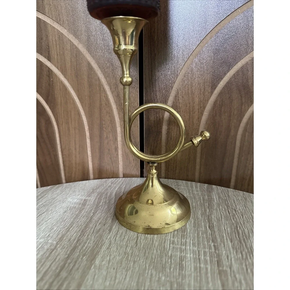 Vintage MCM Brass Candle Holder Musical Horn Amber Glass Shade